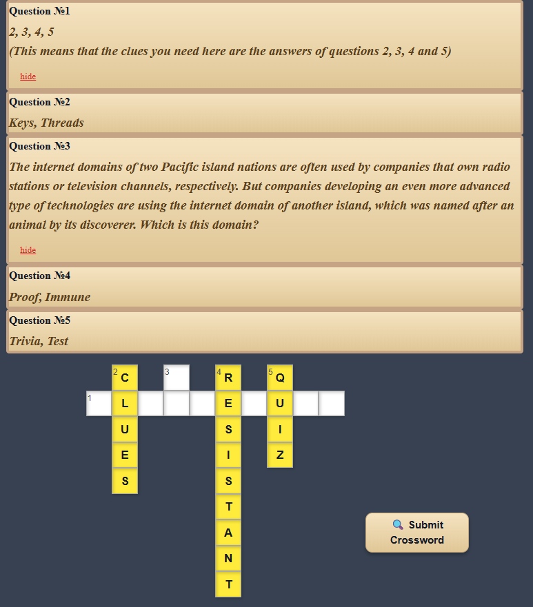 Demo crossword with the words QUIZ, RESISTANT and CLUES filled in
